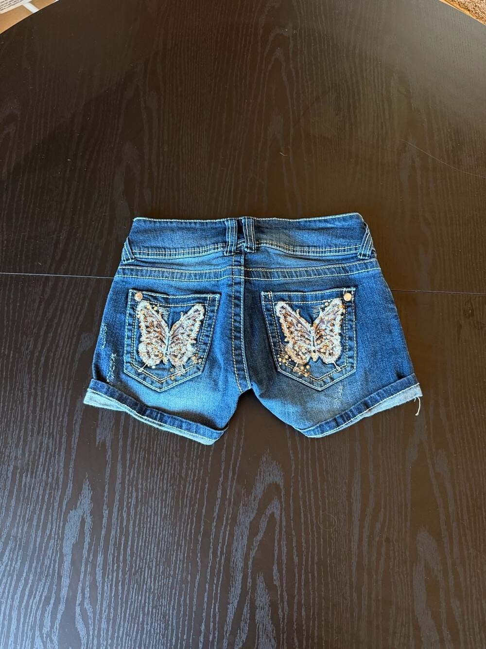 No Boundaries Y2K Distressed Denim Shorts with Butterfly Rhinestone Pockets